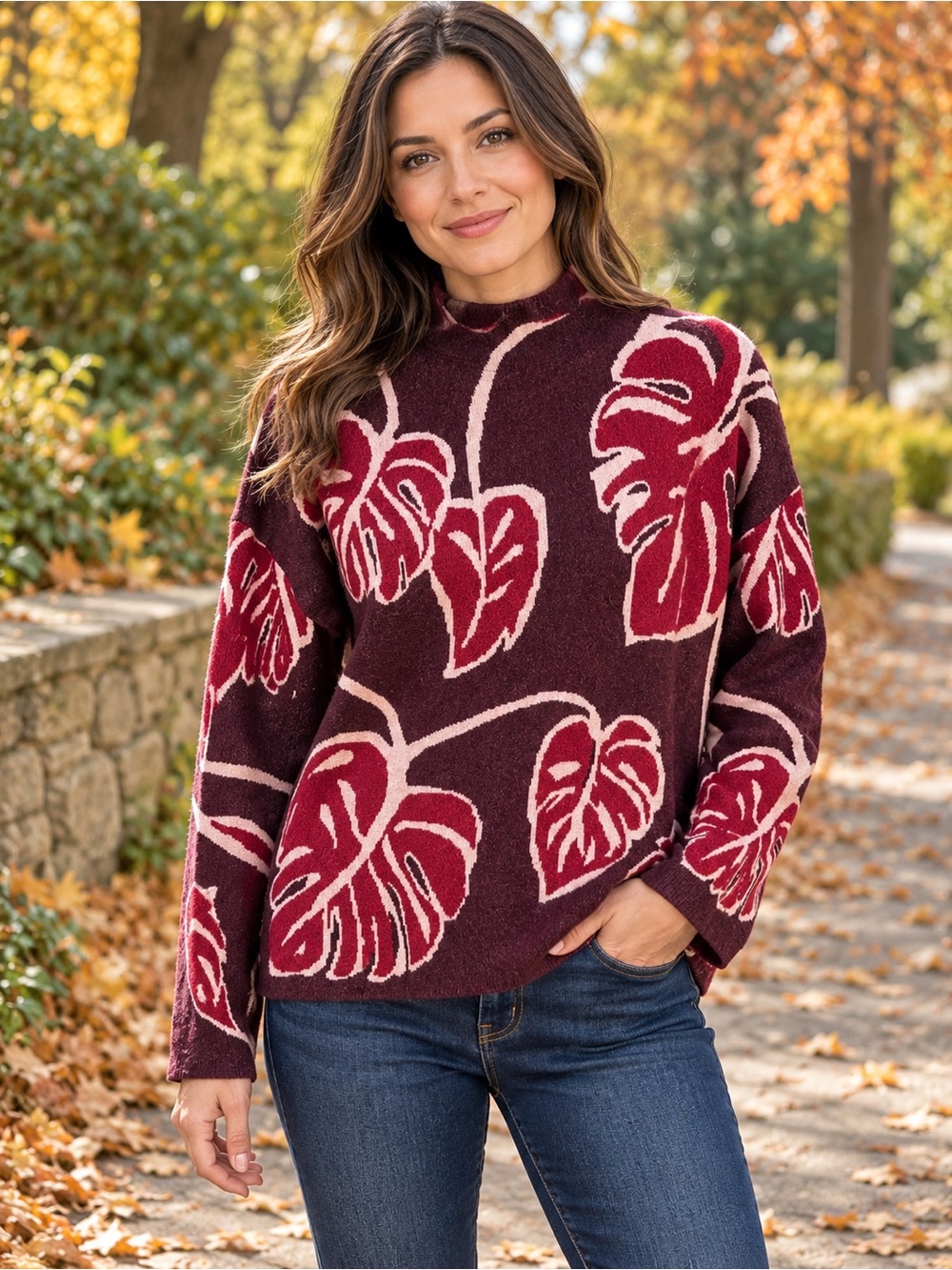Rachel Zoe Burgundy Leaf Mock Neck Turtleneck Sweater Size L Artsy Soft Cozy